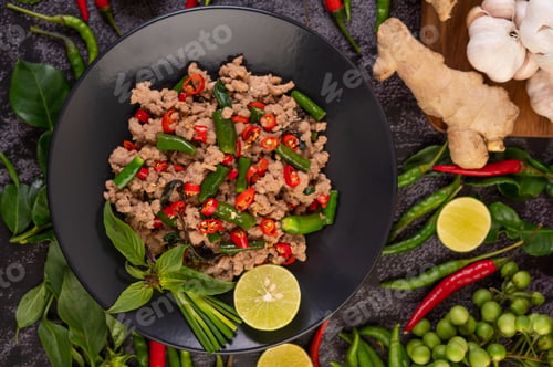 Preview: Stir-fried pork basil on banana leaves in a black dish.
