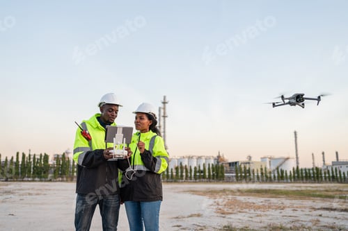 Preview: Team of Engineer Specialists Pilot Drone on Construction Site.