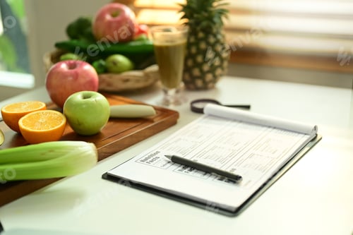 Preview: Fruit and vegetable on chopping board with Nutrition Facts on table.