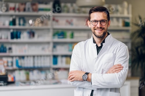 Preview: Picture of a young happy pharmacist standing with arms crossed and smiling at the camera.