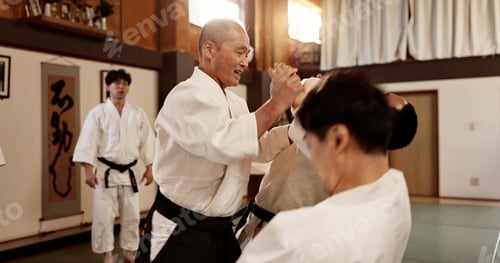 Preview: Men, aikido fighting or sensei for combat, training or black belt students for martial arts. Energy