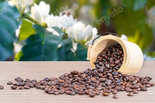 Preview: Fresh Coffee Beans Spilling Out of Wooden Bucket