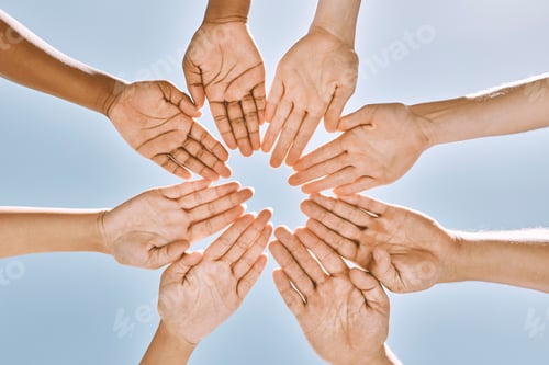 Preview: Hands in circle, teamwork or business people with support, collaboration or team building for missi