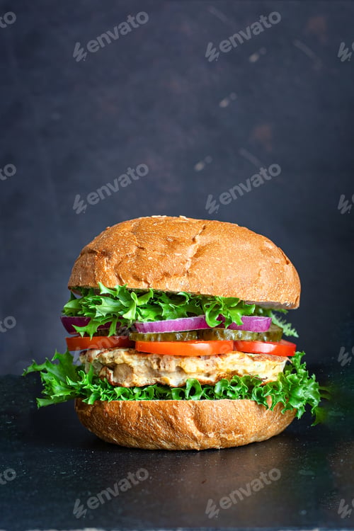 Preview: Burger Sandwich Meat Pork, Beef Or Chicken Homemade Grilled Cutlet And Vegetables Serving Size