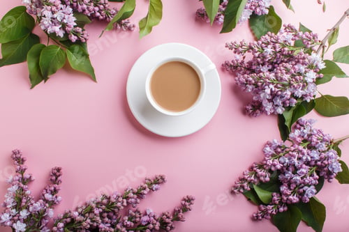Preview: Purple lilac flowers and a cup of coffee on pastel pink background.