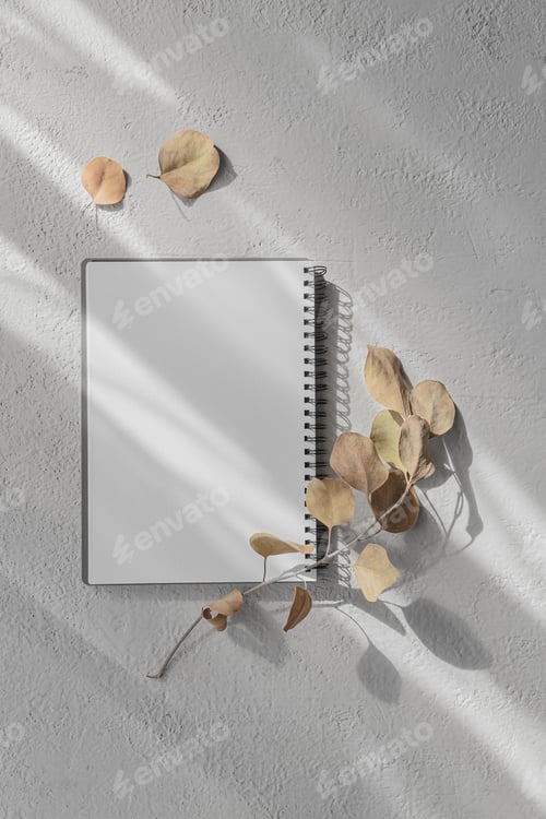 Preview: Blank diary, notepad mockup and dried eucalyptus branch
