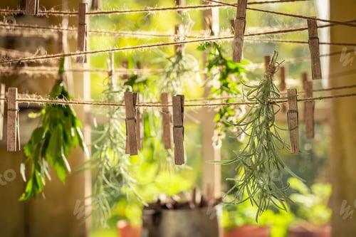 Preview: Herbal dryer with herbs dried on laundry lines