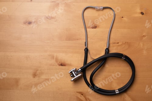 Preview: Top view of a stethoscope on a wooden surface