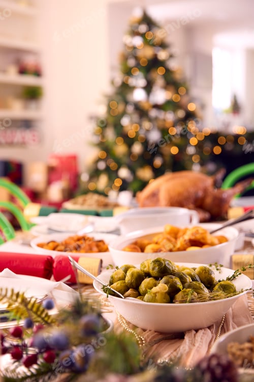 Preview: Table At Home Set For Christmas Lunch With Roast Turkey And Vegetables With Decorations
