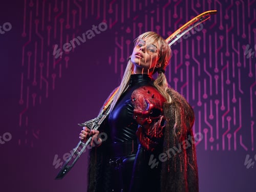 Preview: Cyberpunk style girl with fur and glowing sword
