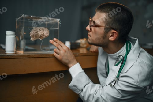 Preview: Psychiatrist holds container with the human brain