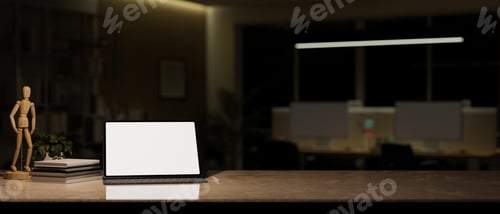 Preview: Modern workspace with tablet mockup and copy space over blurred dark office at night in background