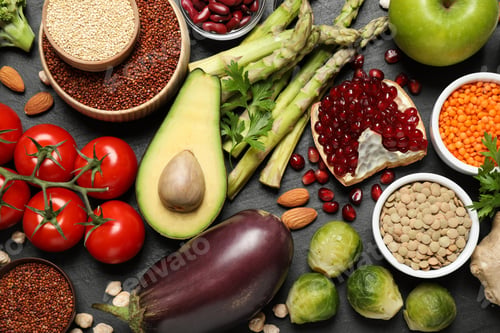Vista previa: Fresh vegetables, fruits and seeds on black table, flat lay