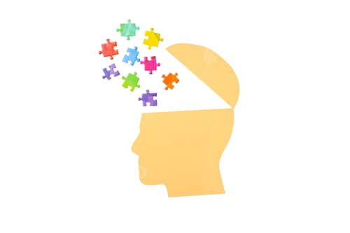 Preview: Illustration of a head with puzzle pieces above it, on white background