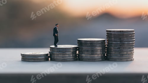 Preview: Close up miniature businessman standing on money stack coin under sunset background