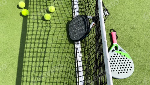 Preview: Paddle tennis racket, ball and net on the grass