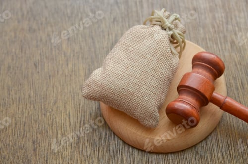 Preview: Wooden Gavel and Burlap Sack on Wood Surface