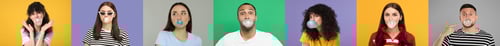 Preview: People blowing bubble gums on color backgrounds, set of photos