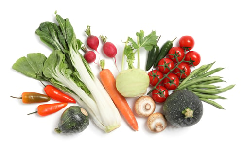Preview: Many different fresh vegetables on white background, top view