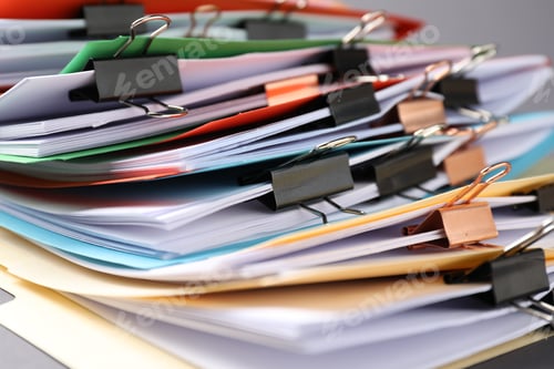 Preview: Many folders with documents and binder clips on grey background, closeup