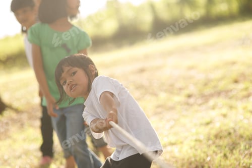 Preview: Children playing tug of war at the park on sunsut