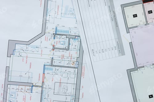 Preview: Architect at work on detailed project plans for modern apartments