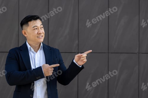 Preview: Asian young male businessman standing near an office building on a gray wall background in a suit