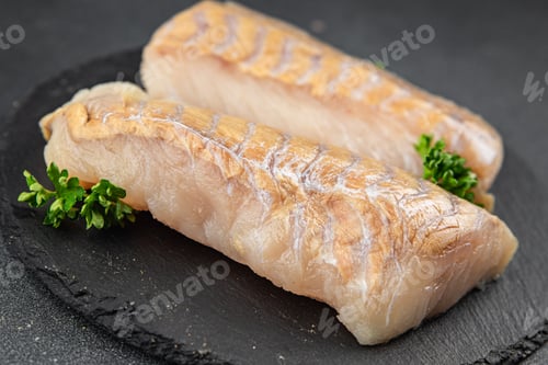 Preview: raw fillet seafood white fish fresh tasty food dish gourmet food background on the table rustic food