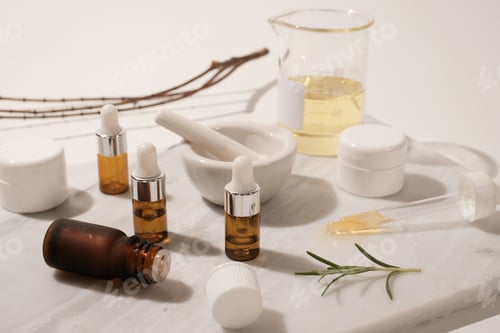 Preview: organic beauty routine with skincare and essential oil. modern and minimal product design with pest