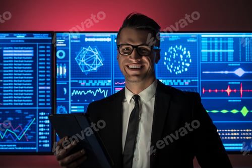 Preview: The smiling businessman holding a tablet in the red lab