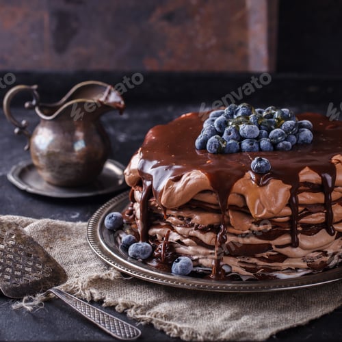 Preview: Chocolate cake from chocolate pancakes with icing, with blueberries.