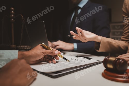 Preview: A group of lawyers is discussing contract documents that must be presented to a client, Lawyers brai