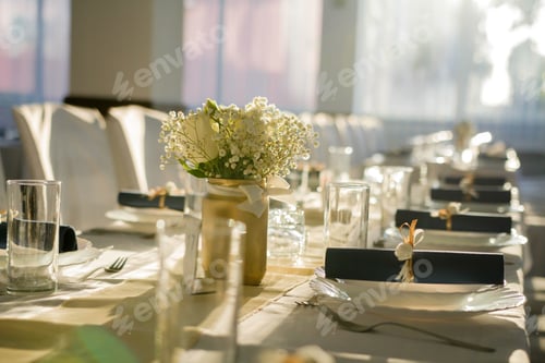 Preview: Beautiful view of rolled blue table napkins with ribbon on a table set up