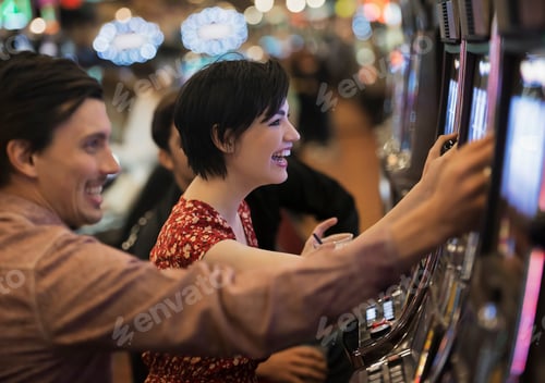 Preview: Two people, a young man and woman, playing the slot machines in a casino.