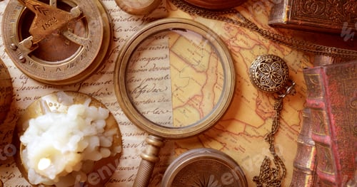 Preview: Vintage style travel and adventure. Vintage old compass and other vintage items on the table.
