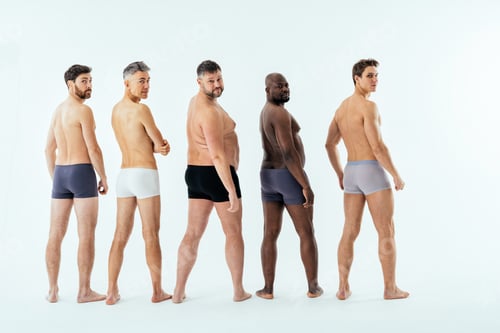 Preview: Group of multiethnic men posing for a male edition body positive beauty set