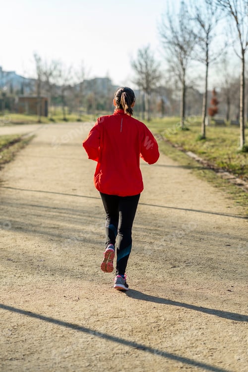 Preview: Rear view of a fitness girl training running in the morning park