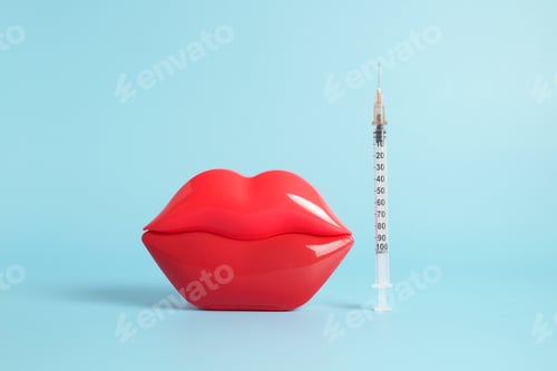 Preview: Bright red plastic female lips and a filler and hyaluronic acid injection syringe.