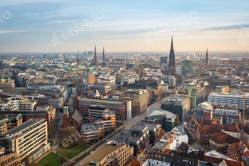 Preview: Aerial view of Hamburg with Church Towers and Hamburg City Hall - Hamburg, Germany