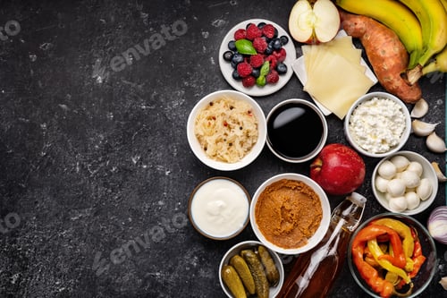 Preview: Top view of many healthy fermented probiotic and prebiotic foods