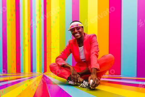 Preview: Beautiful young woman dancing and having fun inside a rainbow box room