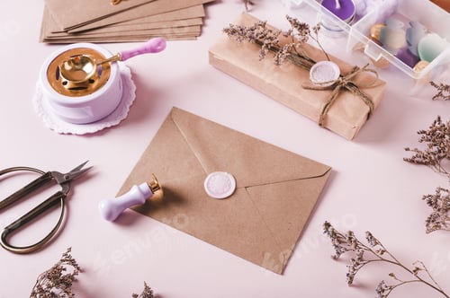 Preview: Craft envelope with wax seal and crafting items on pink
