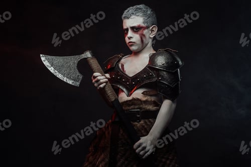 Preview: Little barbaric warrior with huge axe in dark background