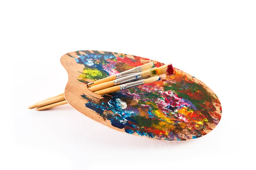 Preview: Wooden art palette with brushes isolated on white background.