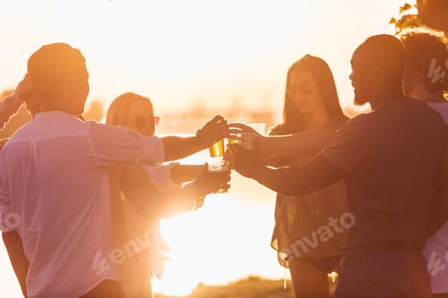 Preview: Group of friends clinking beer glasses during picnic at the beach. Lifestyle, friendship, having fun