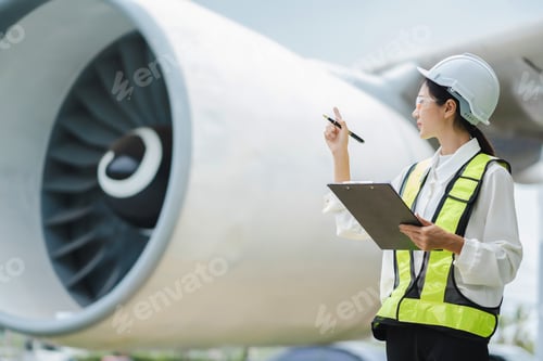 Preview: Woman engineer in white hardhat standing and holding tablet