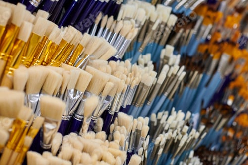 Preview: New artistic paint brushes on shelf in stationery shop