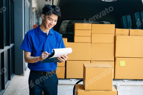 Preview: Smiling Delivery Man Checks Boxes in Truck