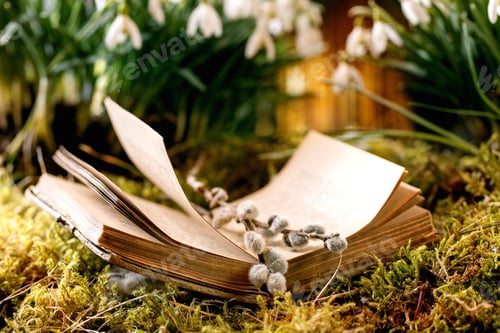 Preview: Beautiful first blossom spring flowers snowdrops in forest