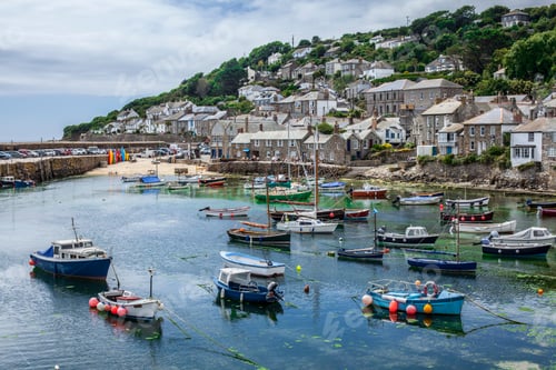 Preview: View of fishing boats and harbor, Mousehole, Cornwall, UK